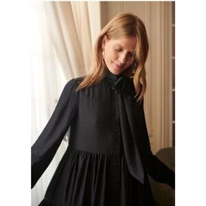 SEZANE x MANOUSH Sz 38 6 Selena Black Polka Dot Silk Tie Neck Dress